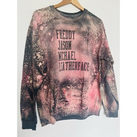 Pink Tie Dye Halloween Sweatshirt Sz L Freddy Jason Micheal Leather Face - Picture 5 of 8